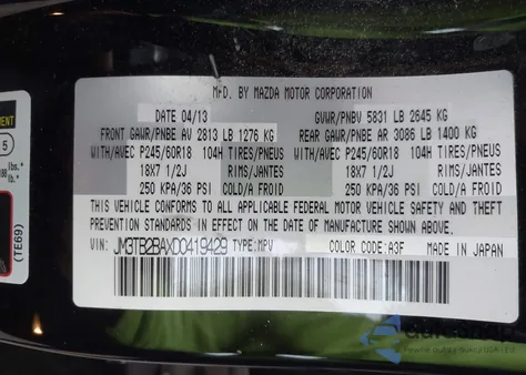 2013 Mazda Cx-9 Sport из США, поврежденный, VIN JM3TB2BAXD0419429